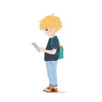 Little boy in casual clothing standing and using his tablet. Male character holding gadget in his hands and reading messages, scrolling social media. isolated illustration on white background. vector