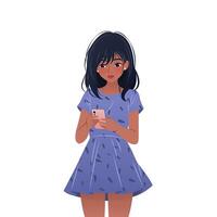 Young woman is standing and using her smartphone. Character is holding a mobile phone in her hands, surfing internet and chatting. isolated illustration on white background. vector