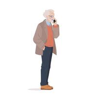 Elderly man in casual clothing standing and using his smartphone. Character holding a mobile phone in his hands and talking on it. isolated illustration on white background. vector