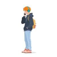 Student in headphones standing and using his smartphone. Male character holding a mobile phone in his hands and talking on it. isolated illustration on white background. vector