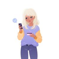 Young woman is standing and using her smartphone. Character is holding a mobile phone and paying for purchases in online store using a credit card. isolated illustration on white background. vector