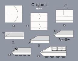 Train origami scheme tutorial moving model. Origami for kids. Step by step how to make a cute paper transport. illustration. vector