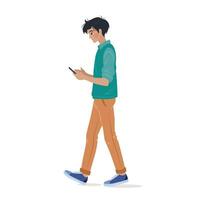 Student in casual clothing walking and using his smartphone. Male character holding a mobile phone in his hands and reading messages. isolated illustration on white background. vector