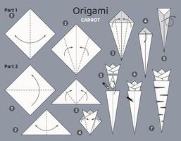Carrot origami scheme tutorial moving model. Origami for kids. Step by step how to make vegetable. illustration. vector