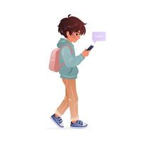 Little Boy in casual clothing walking and using his smartphone. Male character holding a mobile phone in his hands and reading messages. isolated illustration on white background. vector
