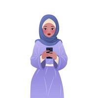 Muslim woman in hijab standing and using her smartphone. Character holding a mobile phone in her hands, surfing internet and chatting. isolated illustration on white background. vector