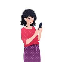 Young woman is standing and using her smartphone. Character is holding a mobile phone in her hands, surfing internet and chatting. isolated illustration on white background. vector