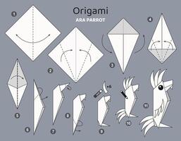 Macaw parrot origami scheme tutorial moving model. Origami for kids. Step by step how to make a cute paper bird. illustration. vector