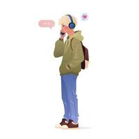 Student in headphones standing and using his smartphone. Male character holding a mobile phone in his hands and talking on it. isolated illustration on white background. vector