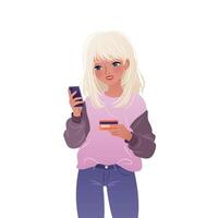 Young woman is standing and using her smartphone. Character is holding a mobile phone and paying for purchases in online store using a credit card. isolated illustration on white background. vector