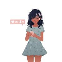 Young woman is standing and using her smartphone. Character is holding a mobile phone in her hands, surfing internet and chatting. isolated illustration on white background. vector
