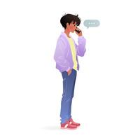 Student in casual clothing standing and using his smartphone. Male character holding a mobile phone in his hands and talking on it. isolated illustration on white background. vector