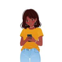Young woman is standing and using her smartphone. Character is holding a mobile phone in her hands, surfing internet and chatting. isolated illustration on white background. vector