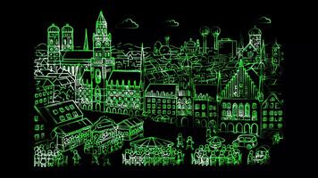 Glowing looping Oktoberfest day View of Munich during Oktoberfest. shapes neon frame effect, black background. video