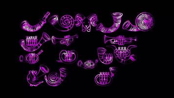 Glowing looping Rosh Hashanah day Different types of shofars used during Rosh Hashanah. shapes neon frame effect, black background. video