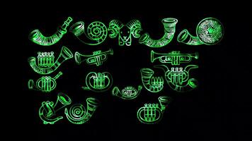Glowing looping Rosh Hashanah day Different types of shofars used during Rosh Hashanah. shapes neon frame effect, black background. video