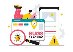 Illustration of a Bug Tracking Tool with Mobile Phone Protection from Computer Viruses in a Website Security Flat Cartoon Background vector