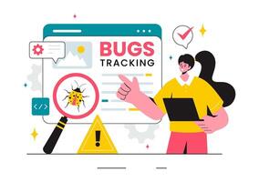 Illustration of a Bug Tracking Tool with Mobile Phone Protection from Computer Viruses in a Website Security Flat Cartoon Background vector