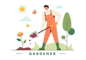 Gardener Illustration with Garden Tools, Farming, and Growing Vegetables in a Botanical Summer Gardening Flat Style Cartoon Background vector