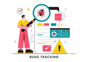 Illustration of a Bug Tracking Tool with Mobile Phone Protection from Computer Viruses in a Website Security Flat Cartoon Background vector