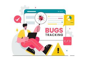 Illustration of a Bug Tracking Tool with Mobile Phone Protection from Computer Viruses in a Website Security Flat Cartoon Background vector