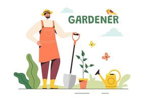 Gardener Illustration with Garden Tools, Farming, and Growing Vegetables in a Botanical Summer Gardening Flat Style Cartoon Background vector