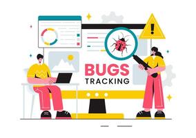 Illustration of a Bug Tracking Tool with Mobile Phone Protection from Computer Viruses in a Website Security Flat Cartoon Background vector