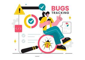 Illustration of a Bug Tracking Tool with Mobile Phone Protection from Computer Viruses in a Website Security Flat Cartoon Background vector