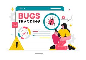 Illustration of a Bug Tracking Tool with Mobile Phone Protection from Computer Viruses in a Website Security Flat Cartoon Background vector