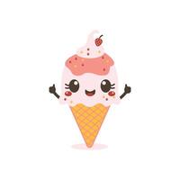 Cute Pink Strawberry Cone Ice Cream Cartoon Character with Happy Expression vector