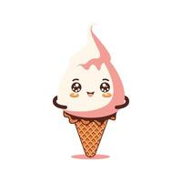 Cute Pink Strawberry Cone Ice Cream Cartoon Character with Happy Expression vector