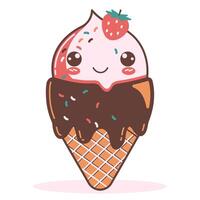 Design of Cute Strawberry Cone Ice Cream Cartoon Character with Happy Expression vector
