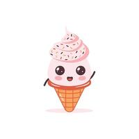Cute Pink Strawberry Cone Ice Cream Cartoon Character with Happy Expression vector