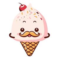 Design of Cute Mustache Cherry Cone Ice Cream Cartoon Character with Happy Expression vector