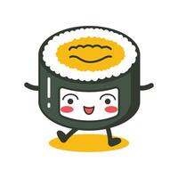 Cute Sushi Roll Japanese Food Cartoon Character with Happy Expression vector