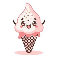 Design of Cute Pink Cone Ice Cream Cartoon Character with Happy Expression vector