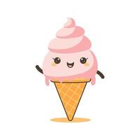 Cute Pink Strawberry Cone Ice Cream Cartoon Character with Happy Expression vector