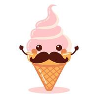Design of Cute Mustache Pink Cone Ice Cream Cartoon Character with Happy Expression vector
