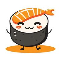 Cute Sushi Roll Japanese Food Cartoon Character with Fried Tempura and Happy Expression vector