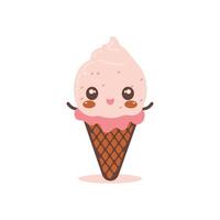 Cute Pink Strawberry Cone Ice Cream Cartoon Character with Happy Expression vector