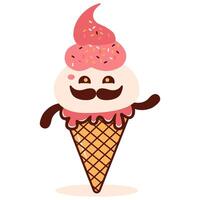 Design of Cute Mustache Pink Cone Ice Cream Cartoon Character with Happy Expression vector