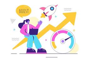Business Boost Illustration with a Digital Marketing Rocket, Company Career Success in Development and Profit Increase on a Flat Background vector