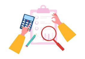 Business Audit Documents Illustration with Charts, Accounting, Calculations, and Financial Report Analytics on a Flat Cartoon Background vector