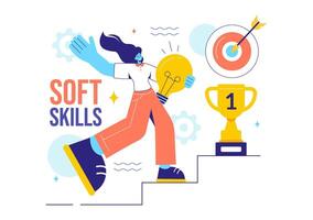 Illustration of Office Workers Demonstrating Soft Skills of Empathy, Communication, Idea Development, Skill, and Education in a Flat Background vector