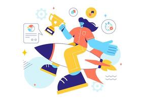 Illustration of Office Workers Demonstrating Soft Skills of Empathy, Communication, Idea Development, Skill, and Education in a Flat Background vector