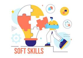 Illustration of Office Workers Demonstrating Soft Skills of Empathy, Communication, Idea Development, Skill, and Education in a Flat Background vector