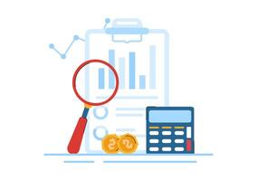 Business Audit Documents Illustration with Charts, Accounting, Calculations, and Financial Report Analytics on a Flat Cartoon Background vector