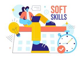 Illustration of Office Workers Demonstrating Soft Skills of Empathy, Communication, Idea Development, Skill, and Education in a Flat Background vector