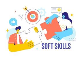 Illustration of Office Workers Demonstrating Soft Skills of Empathy, Communication, Idea Development, Skill, and Education in a Flat Background vector