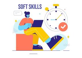 Illustration of Office Workers Demonstrating Soft Skills of Empathy, Communication, Idea Development, Skill, and Education in a Flat Background vector